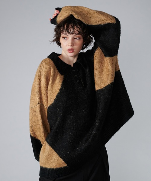 【セール】MIX PATTERN SHAGGY VOLUME KNIT POLO / シャギーミックスボリュームニットポロ（ニット/セーター）｜ONCILY（オンシェリー）