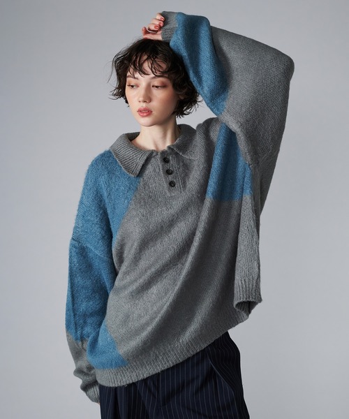 【セール】MIX PATTERN SHAGGY VOLUME KNIT POLO / シャギーミックスボリュームニットポロ（ニット/セーター）｜ONCILY（オンシェリー）