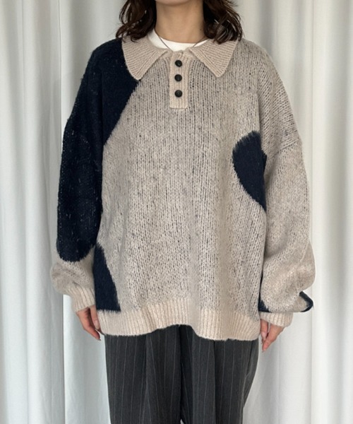 【セール】MIX PATTERN SHAGGY VOLUME KNIT POLO / シャギーミックスボリュームニットポロ（ニット/セーター）｜ONCILY（オンシェリー）