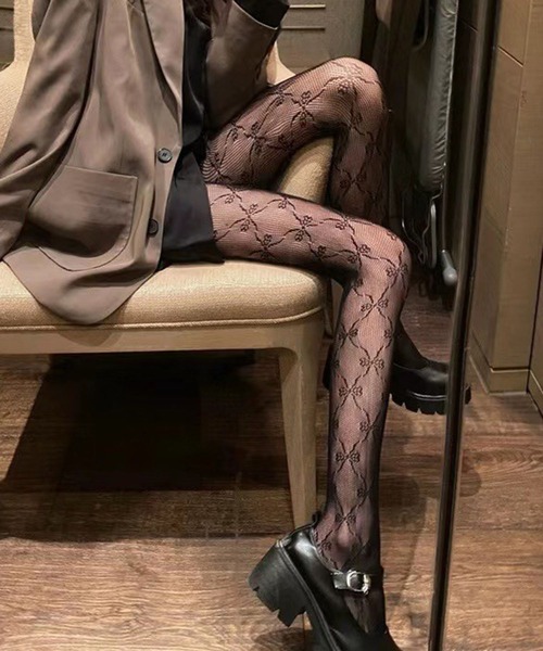 CALIFORNIA OUTFITTERS（カリフォルニア アウトフィッターズ）の「2-9D22 リボン柄 ストッキング パンスト 編みタイツ 柄タイツ（タイツ/ストッキング・レディース・ホワイト/ブラック・ONESIZE）」の5枚目の写真