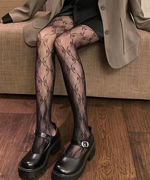 CALIFORNIA OUTFITTERS（カリフォルニア アウトフィッターズ）の「2-9D22 リボン柄 ストッキング パンスト 編みタイツ 柄タイツ（タイツ/ストッキング・レディース・ホワイト/ブラック・ONESIZE）」の8枚目の写真