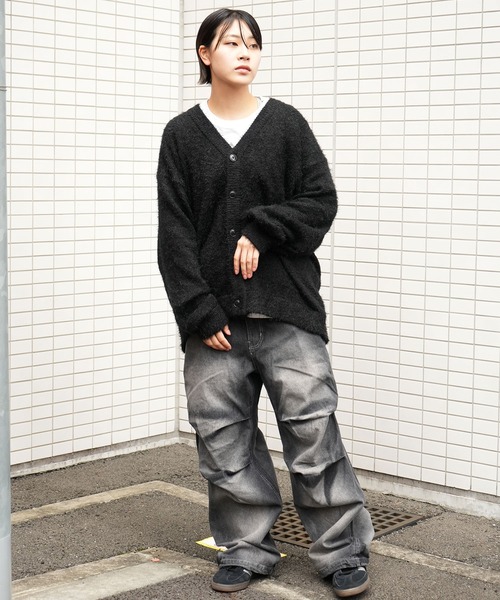 BUFFALO BOBS グレー シャギーニットロングカーディガン モヘアライク