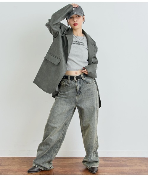 ANAP（アナップ）の「ヴィンテージ加工フェイクレザージャケット（ライダースジャケット・レディース・グレー/ブラウン・FREE）」の8枚目の写真