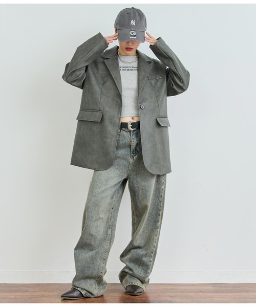 ANAP（アナップ）の「ヴィンテージ加工フェイクレザージャケット（ライダースジャケット・レディース・グレー/ブラウン・FREE）」の9枚目の写真