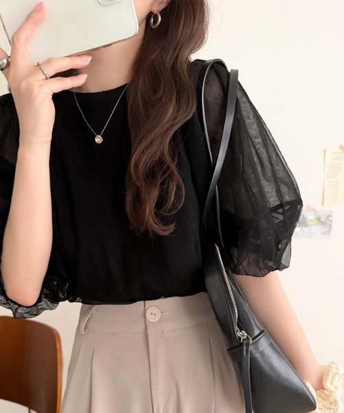 classicalelf(クラシカルエルフ)の「華やかで上品。ランタンスリーブチュール重ねジャガードプルオーバー(半袖)(Tシャツ/カットソー・レディース・チャコール/ライトグレー/ブラック/オフホワイト・LARGE/MEDIUM/SMALL/X-LARGE)」の3枚目の写真