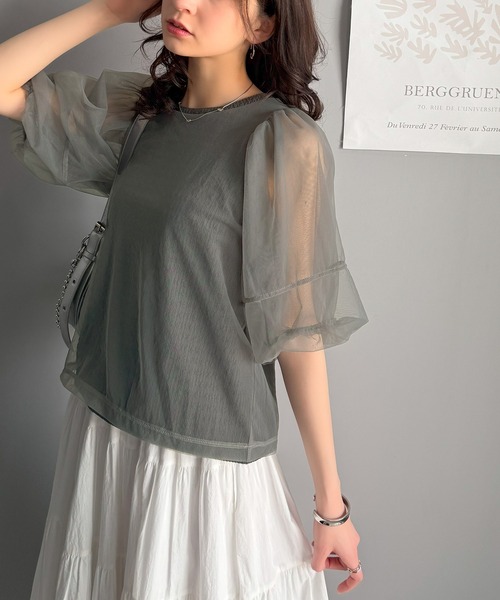 tシャツ ランタンスリーブチュール重ねプルオーバー レディース classicalelf tシャツ 華やかで上品。ランタンスリーブチュール