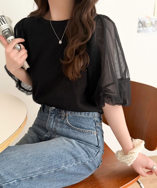 classicalelf(クラシカルエルフ)の「華やかで上品。ランタンスリーブチュール重ねジャガードプルオーバー(半袖)(Tシャツ/カットソー・レディース・チャコール/ライトグレー/ブラック/オフホワイト・LARGE/MEDIUM/SMALL/X-LARGE)」の14枚目の写真