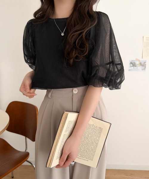 classicalelf(クラシカルエルフ)の「華やかで上品。ランタンスリーブチュール重ねジャガードプルオーバー(半袖)(Tシャツ/カットソー・レディース・チャコール/ライトグレー/ブラック/オフホワイト・LARGE/MEDIUM/SMALL/X-LARGE)」の15枚目の写真
