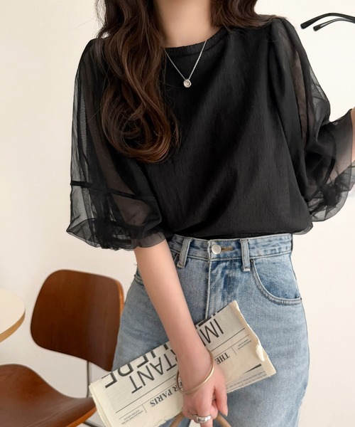 classicalelf(クラシカルエルフ)の「華やかで上品。ランタンスリーブチュール重ねジャガードプルオーバー(半袖)(Tシャツ/カットソー・レディース・チャコール/ライトグレー/ブラック/オフホワイト・LARGE/MEDIUM/SMALL/X-LARGE)」の11枚目の写真