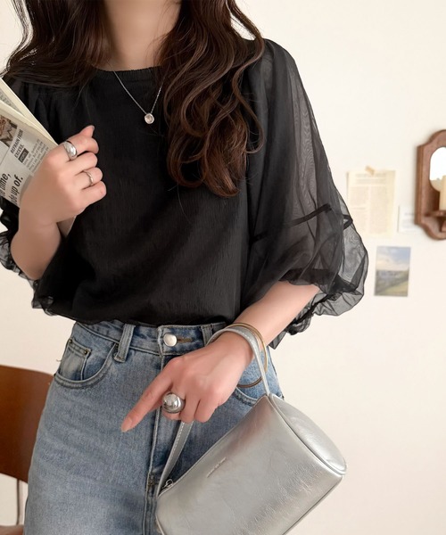 classicalelf(クラシカルエルフ)の「華やかで上品。ランタンスリーブチュール重ねジャガードプルオーバー(半袖)(Tシャツ/カットソー・レディース・チャコール/ライトグレー/ブラック/オフホワイト・LARGE/MEDIUM/SMALL/X-LARGE)」の13枚目の写真