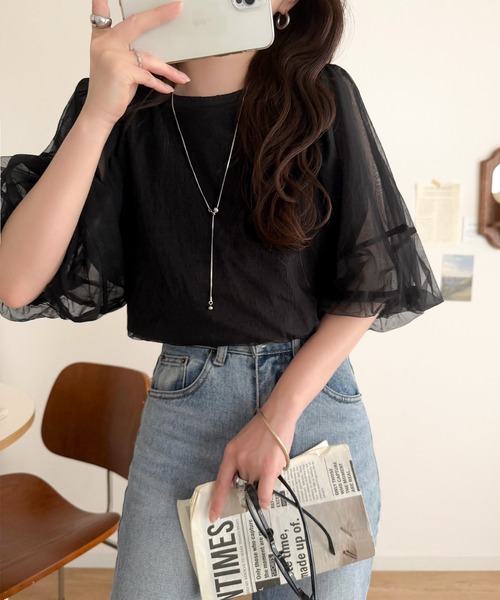 classicalelf(クラシカルエルフ)の「華やかで上品。ランタンスリーブチュール重ねジャガードプルオーバー(半袖)(Tシャツ/カットソー・レディース・チャコール/ライトグレー/ブラック/オフホワイト・LARGE/MEDIUM/SMALL/X-LARGE)」の9枚目の写真