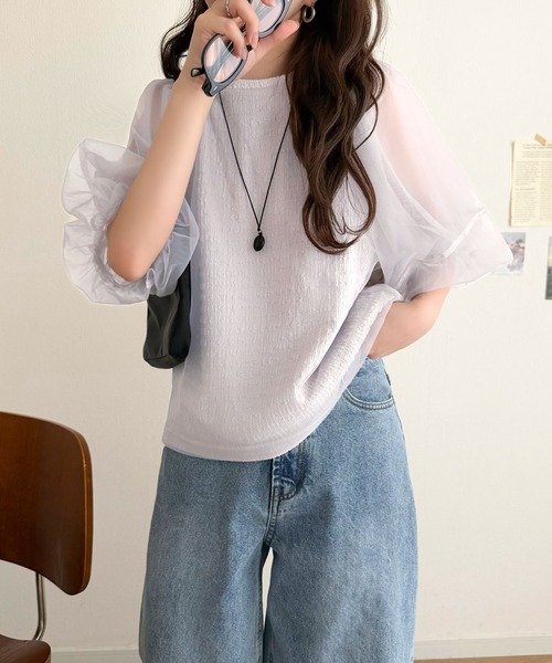 classicalelf(クラシカルエルフ)の「華やかで上品。ランタンスリーブチュール重ねジャガードプルオーバー(半袖)(Tシャツ/カットソー・レディース・チャコール/ライトグレー/ブラック/オフホワイト・LARGE/MEDIUM/SMALL/X-LARGE)」の22枚目の写真
