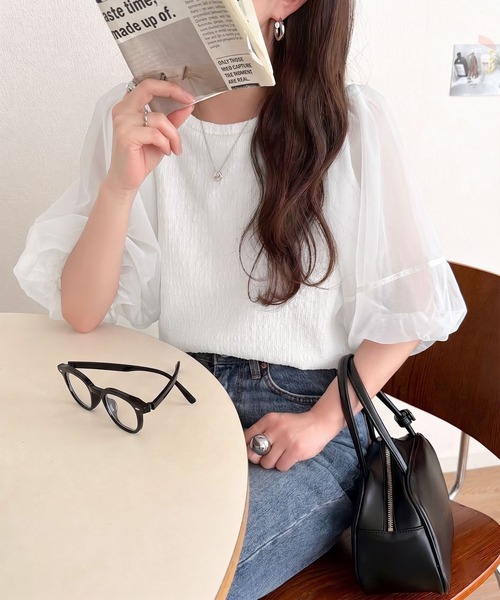 classicalelf(クラシカルエルフ)の「華やかで上品。ランタンスリーブチュール重ねジャガードプルオーバー(半袖)(Tシャツ/カットソー・レディース・チャコール/ライトグレー/ブラック/オフホワイト・LARGE/MEDIUM/SMALL/X-LARGE)」の6枚目の写真