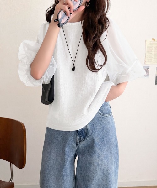 classicalelf(クラシカルエルフ)の「華やかで上品。ランタンスリーブチュール重ねジャガードプルオーバー(半袖)(Tシャツ/カットソー・レディース・チャコール/ライトグレー/ブラック/オフホワイト・LARGE/MEDIUM/SMALL/X-LARGE)」の8枚目の写真