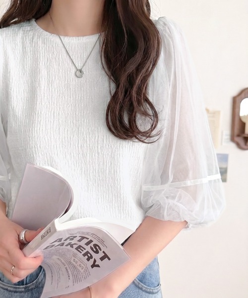 classicalelf(クラシカルエルフ)の「華やかで上品。ランタンスリーブチュール重ねジャガードプルオーバー(半袖)(Tシャツ/カットソー・レディース・チャコール/ライトグレー/ブラック/オフホワイト・LARGE/MEDIUM/SMALL/X-LARGE)」の5枚目の写真