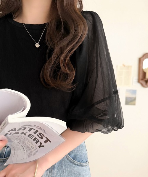 classicalelf(クラシカルエルフ)の「華やかで上品。ランタンスリーブチュール重ねジャガードプルオーバー(半袖)(Tシャツ/カットソー・レディース・チャコール/ライトグレー/ブラック/オフホワイト・LARGE/MEDIUM/SMALL/X-LARGE)」の10枚目の写真