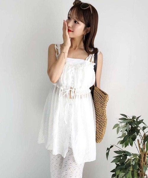 セール】レディース水着 長袖ラメリボンキャミソール+ブラ+リブハイ