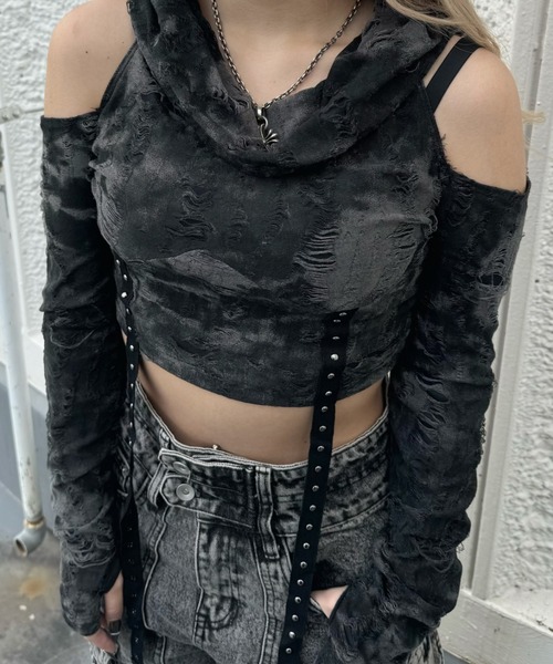 KsG(ケーエスジー)の「belt design sholder damege tops(Tシャツ/カットソー・レディース・ブラック・SMALL/MEDIUM/LARGE)」の4枚目の写真