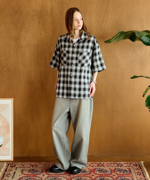 セール】OPEN COLLAR DAMAGED OMBRE CHECK SHIRT /オープン