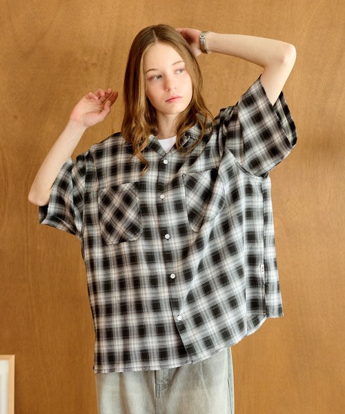 セール】OPEN COLLAR DAMAGED OMBRE CHECK SHIRT /オープン