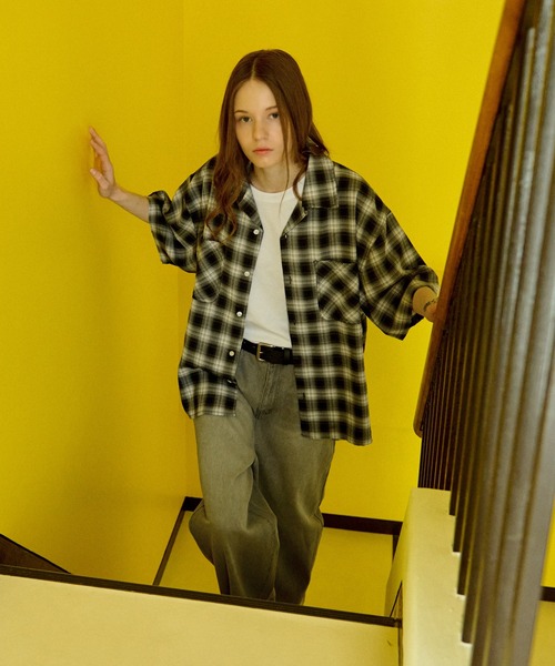 セール】OPEN COLLAR DAMAGED OMBRE CHECK SHIRT /オープン