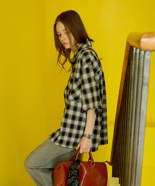 セール】OPEN COLLAR DAMAGED OMBRE CHECK SHIRT /オープンカラー