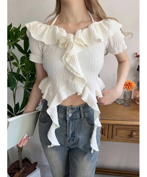 PHILLY(フィリー)の「【PHILLY】フリルイレヘムデザイントップス(Tシャツ/カットソー・レディース・アイボリー/ブラック・FREE)」の1枚目の写真