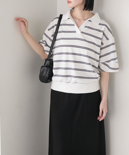 forksy.】 ボーダー柄 スキッパー 半袖 ラガーシャツ forksy