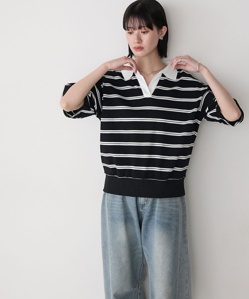 ボーダー柄ポロシャツ【SALE】 ALX625 :レディース トップス