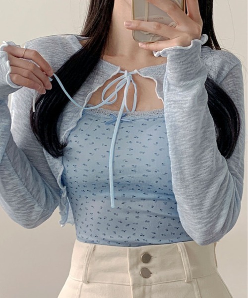 kirakiraShop(キラキラショップ)の「【2点セット】シアー メロウ カーディガン &カップ付き 花柄 キャミソール(キャミソール・レディース・ホワイト/ブルー・FREE)」の15枚目の写真
