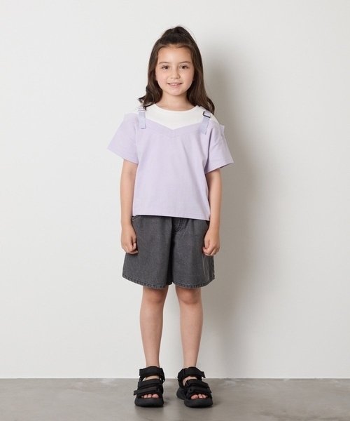 a.v.v（アーヴェヴェ）の「【接触冷感/ジメジメ対策】[100-160]バックル付きイレイヤード風Ｔシャツ（Tシャツ/カットソー・キッズ・ライトグレー/ライラック・110/100/120/130/150/140/160）」の4枚目の写真