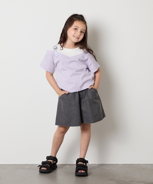 a.v.v（アーヴェヴェ）の「【接触冷感/ジメジメ対策】[100-160]バックル付きイレイヤード風Ｔシャツ（Tシャツ/カットソー・キッズ・ライトグレー/ライラック・110/100/120/130/150/140/160）」の6枚目の写真