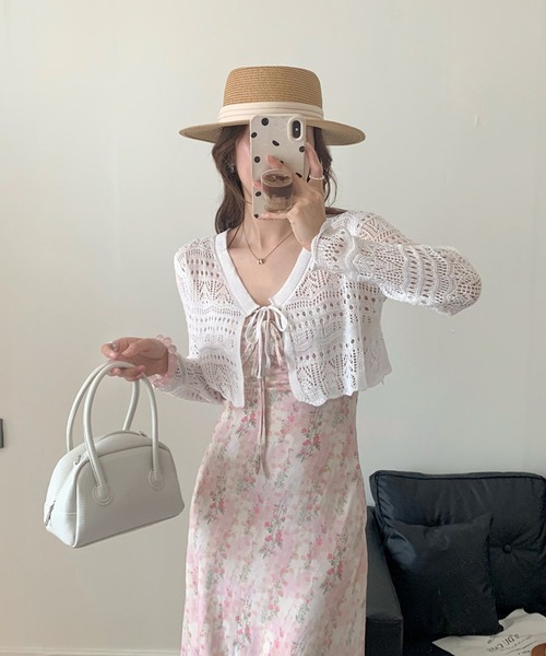 Chiina（チーナ）の「Chiina / クロップド クロシェ編みカーディガン（カーディガン/ボレロ・レディース・ホワイト/ライトグリーン/レッド/アイボリー/ブラック・FREE）」の7枚目の写真