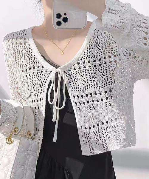 Chiina（チーナ）の「Chiina / クロップド クロシェ編みカーディガン（カーディガン/ボレロ・レディース・ホワイト/ライトグリーン/レッド/アイボリー/ブラック・FREE）」の8枚目の写真