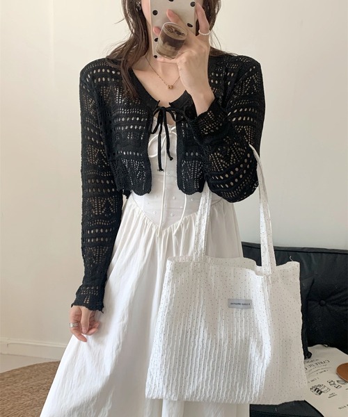 Chiina（チーナ）の「Chiina / クロップド クロシェ編みカーディガン（カーディガン/ボレロ・レディース・ホワイト/ライトグリーン/レッド/アイボリー/ブラック・FREE）」の12枚目の写真