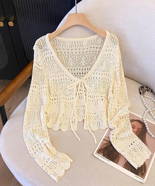 Chiina（チーナ）の「Chiina / クロップド クロシェ編みカーディガン（カーディガン/ボレロ・レディース・ホワイト/ライトグリーン/レッド/アイボリー/ブラック・FREE）」の9枚目の写真