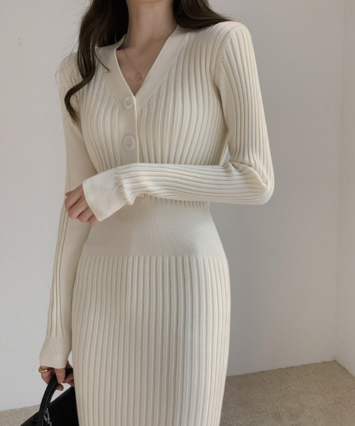 SEU(エスイーユー)の「ボタン付き タイトニットワンピース リブニット オフィスカジュアル きれいめカジュアル 韓国風(ワンピース・レディース・アイボリー/ブラック/ホワイト・フリー)」の3枚目の写真