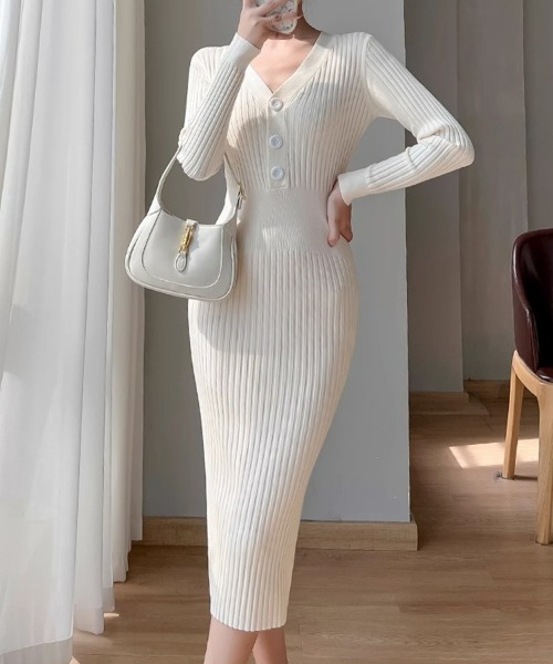 SEU(エスイーユー)の「ボタン付き タイトニットワンピース リブニット オフィスカジュアル きれいめカジュアル 韓国風(ワンピース・レディース・アイボリー/ブラック/ホワイト・フリー)」の5枚目の写真