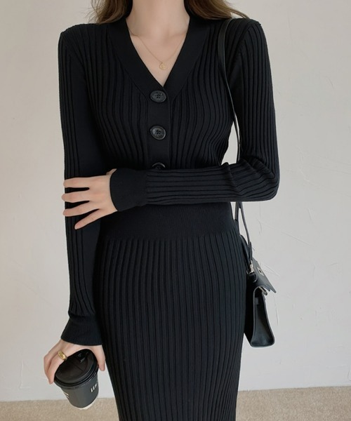 セール】ボタン付き タイトニットワンピース リブニット オフィス
