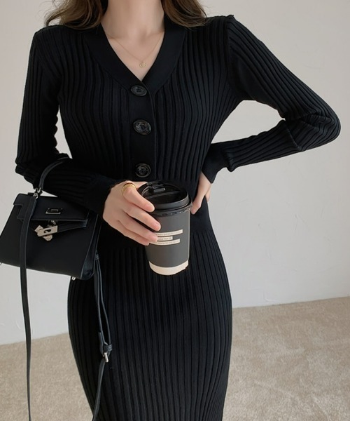 SEU(エスイーユー)の「ボタン付き タイトニットワンピース リブニット オフィスカジュアル きれいめカジュアル 韓国風(ワンピース・レディース・アイボリー/ブラック/ホワイト・フリー)」の12枚目の写真