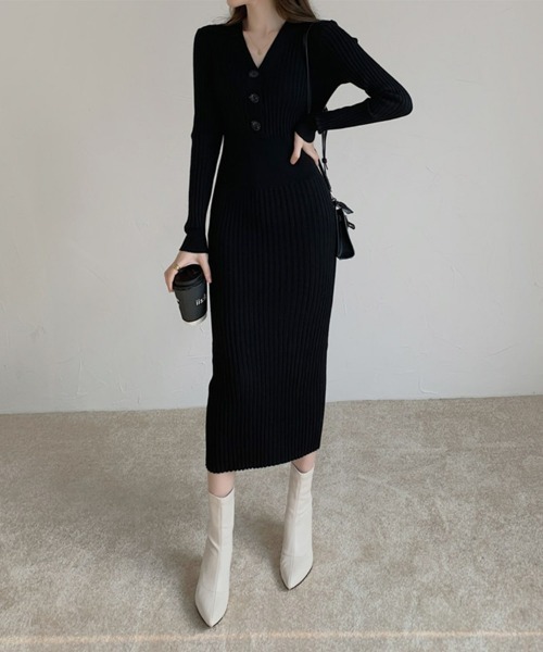 SEU(エスイーユー)の「ボタン付き タイトニットワンピース リブニット オフィスカジュアル きれいめカジュアル 韓国風(ワンピース・レディース・アイボリー/ブラック/ホワイト・フリー)」の13枚目の写真