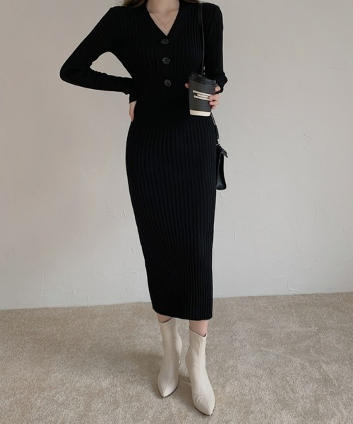 SEU(エスイーユー)の「ボタン付き タイトニットワンピース リブニット オフィスカジュアル きれいめカジュアル 韓国風(ワンピース・レディース・アイボリー/ブラック/ホワイト・フリー)」の14枚目の写真