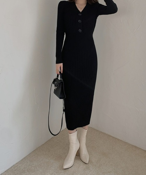 セール】ボタン付き タイトニットワンピース リブニット オフィス