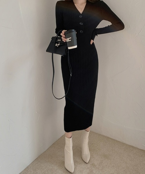 SEU(エスイーユー)の「ボタン付き タイトニットワンピース リブニット オフィスカジュアル きれいめカジュアル 韓国風(ワンピース・レディース・アイボリー/ブラック/ホワイト・フリー)」の16枚目の写真