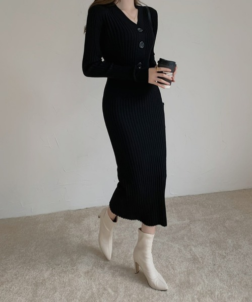 SEU(エスイーユー)の「ボタン付き タイトニットワンピース リブニット オフィスカジュアル きれいめカジュアル 韓国風(ワンピース・レディース・アイボリー/ブラック/ホワイト・フリー)」の18枚目の写真