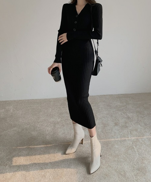 SEU(エスイーユー)の「ボタン付き タイトニットワンピース リブニット オフィスカジュアル きれいめカジュアル 韓国風(ワンピース・レディース・アイボリー/ブラック/ホワイト・フリー)」の19枚目の写真