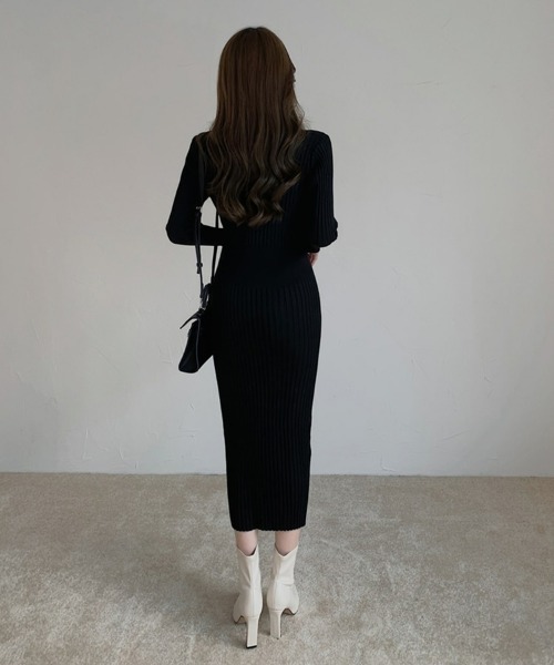 SEU(エスイーユー)の「ボタン付き タイトニットワンピース リブニット オフィスカジュアル きれいめカジュアル 韓国風(ワンピース・レディース・アイボリー/ブラック/ホワイト・フリー)」の20枚目の写真