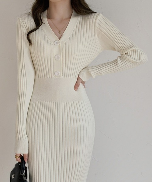 SEU(エスイーユー)の「ボタン付き タイトニットワンピース リブニット オフィスカジュアル きれいめカジュアル 韓国風(ワンピース・レディース・アイボリー/ブラック/ホワイト・フリー)」の22枚目の写真