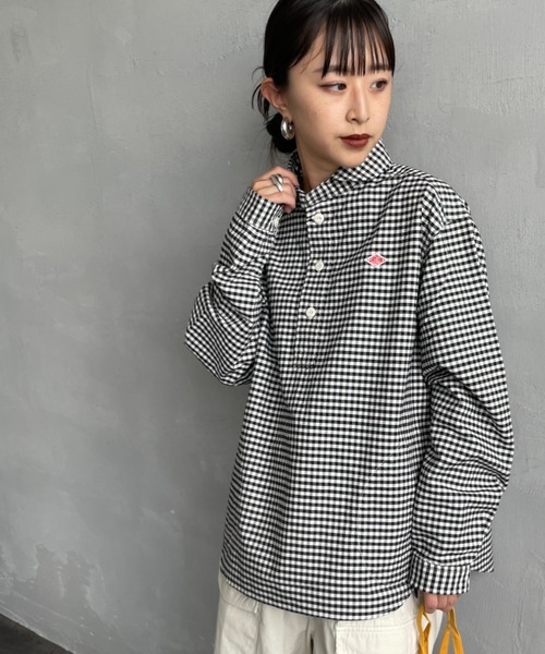 美品　DANTON 黒白チェック柄シャツ サイズ42 DANTON/ダントン] ラウンドカラー オックスフォードプルオーバーシャツ