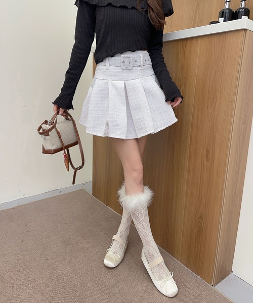 Jasmine Grandiflorum(ジャスミングランディフローラム)の「【Jasmine】ツイードプリーツミニスカート ベルト付き(スカート・レディース・ブラック/ホワイト・LARGE/MEDIUM)」の7枚目の写真